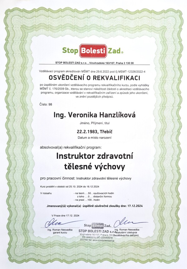 Veronika Hanzlíková, certifikát Instruktor zdravotní tělesné výchovy, rok 2024