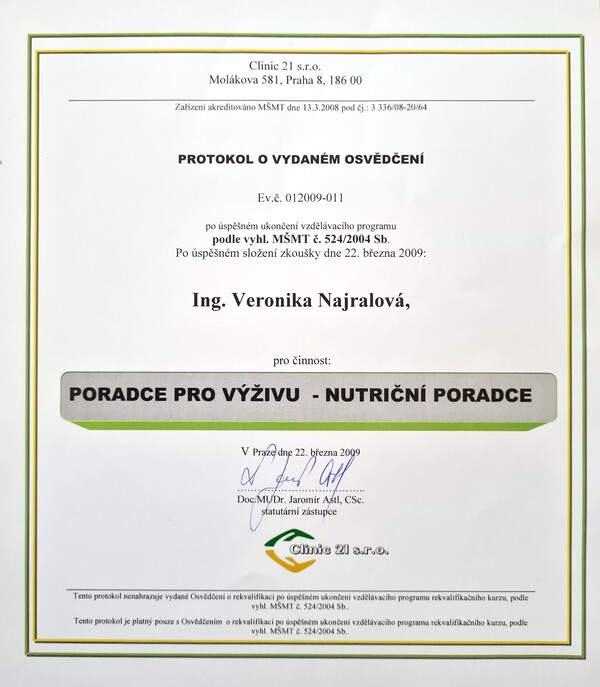 Veronika Hanzlíková, certifikát Poradce pro výživu, rok 2009