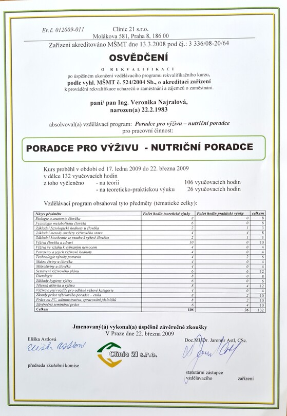 Veronika Hanzlíková, certifikát Poradce pro výživu - nutriční poradce, rok 2009