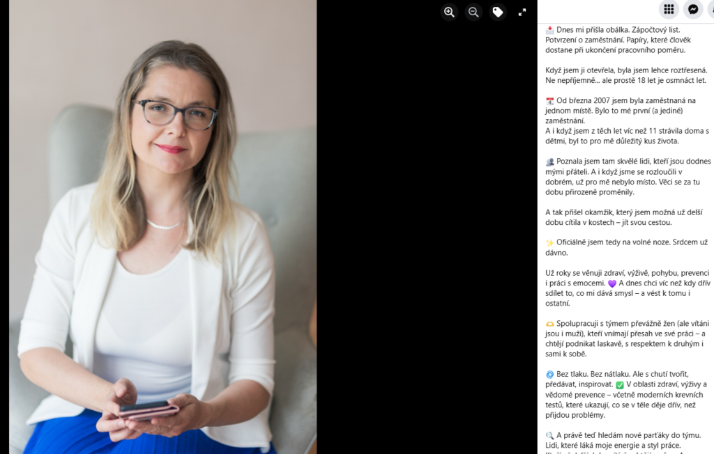 Příspěvek z Facebooku o novém směru a hledání spolupráce.